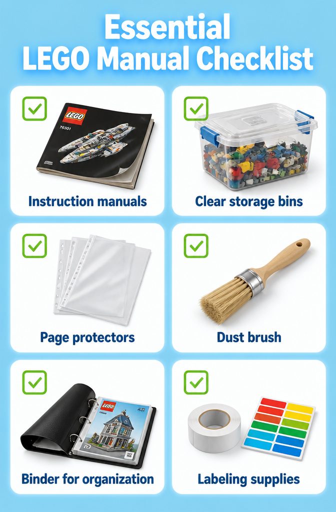 A binder holding LEGO instruction manuals with page protectors.