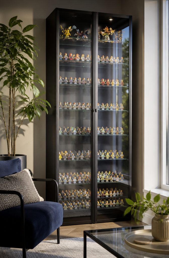 A glass-door bookcase showcasing a collection of minifigures.