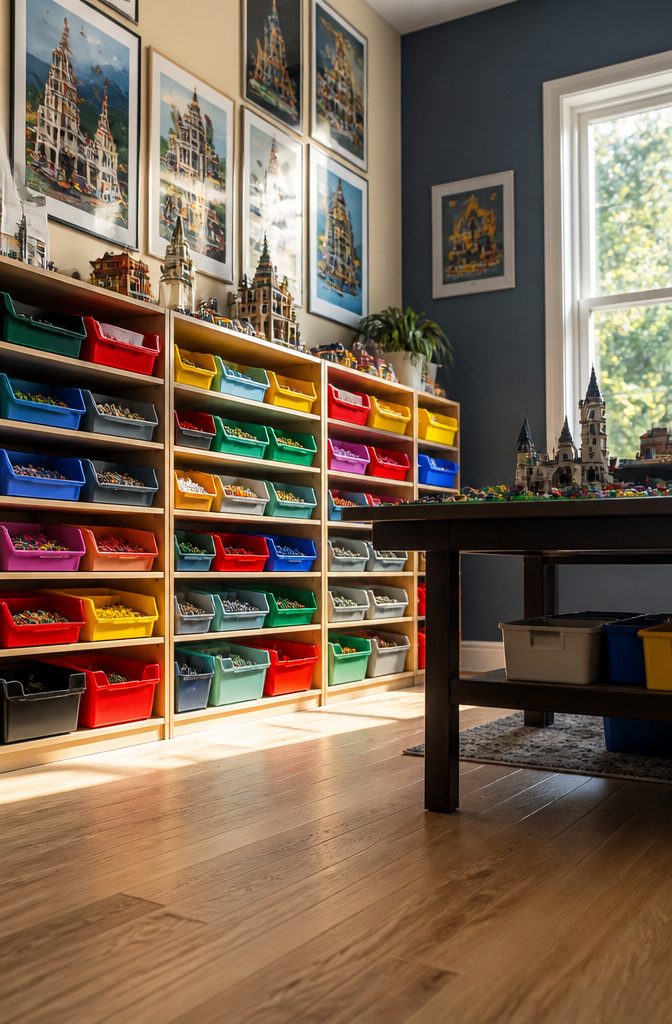 Open-front bins filled with LEGO pieces on industrial shelving.