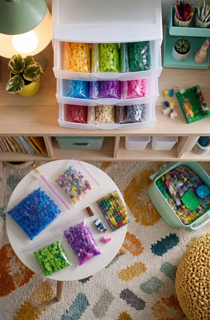 Resealable bags filled with assorted LEGO pieces on a table.