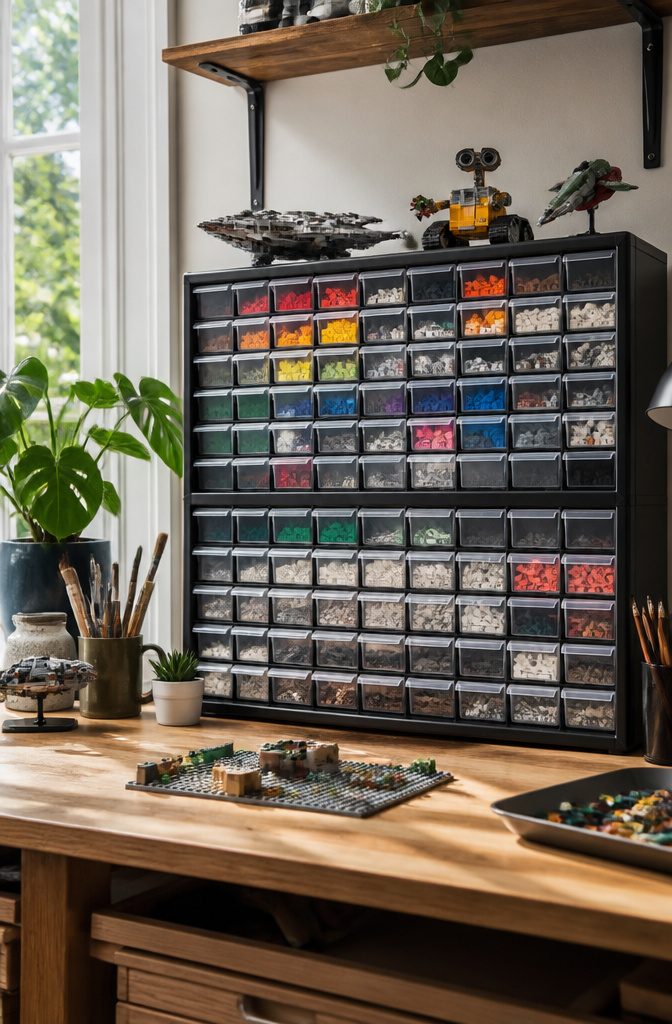 A drawer cabinet filled with colorful LEGO pieces in clear drawers.