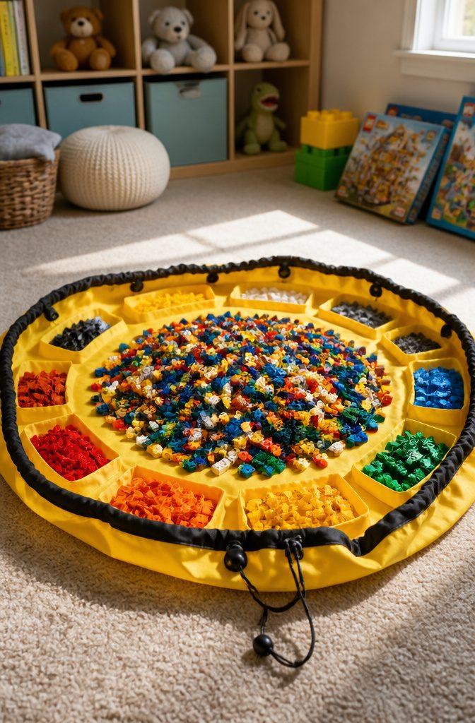 A large Swoop Bag spread out as a play mat with LEGO bricks.