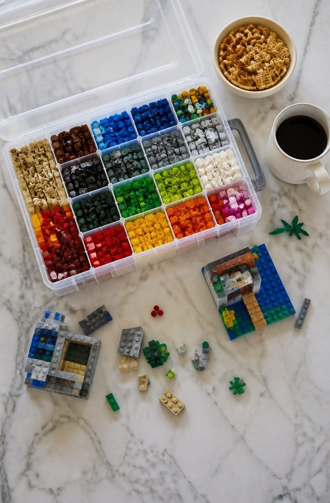 A tackle box with adjustable compartments filled with LEGO pieces.