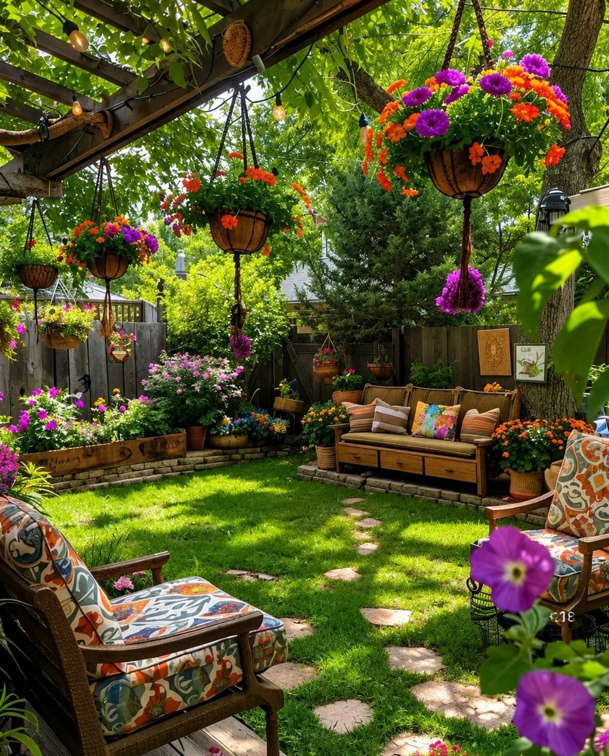 Wooden pergola with hanging flowers over a garden seating area and stone path.
