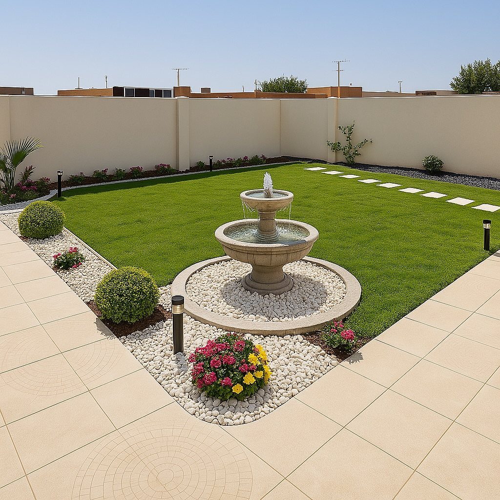 Tiered stone water fountain in a circular pebble bed within a manicured garden