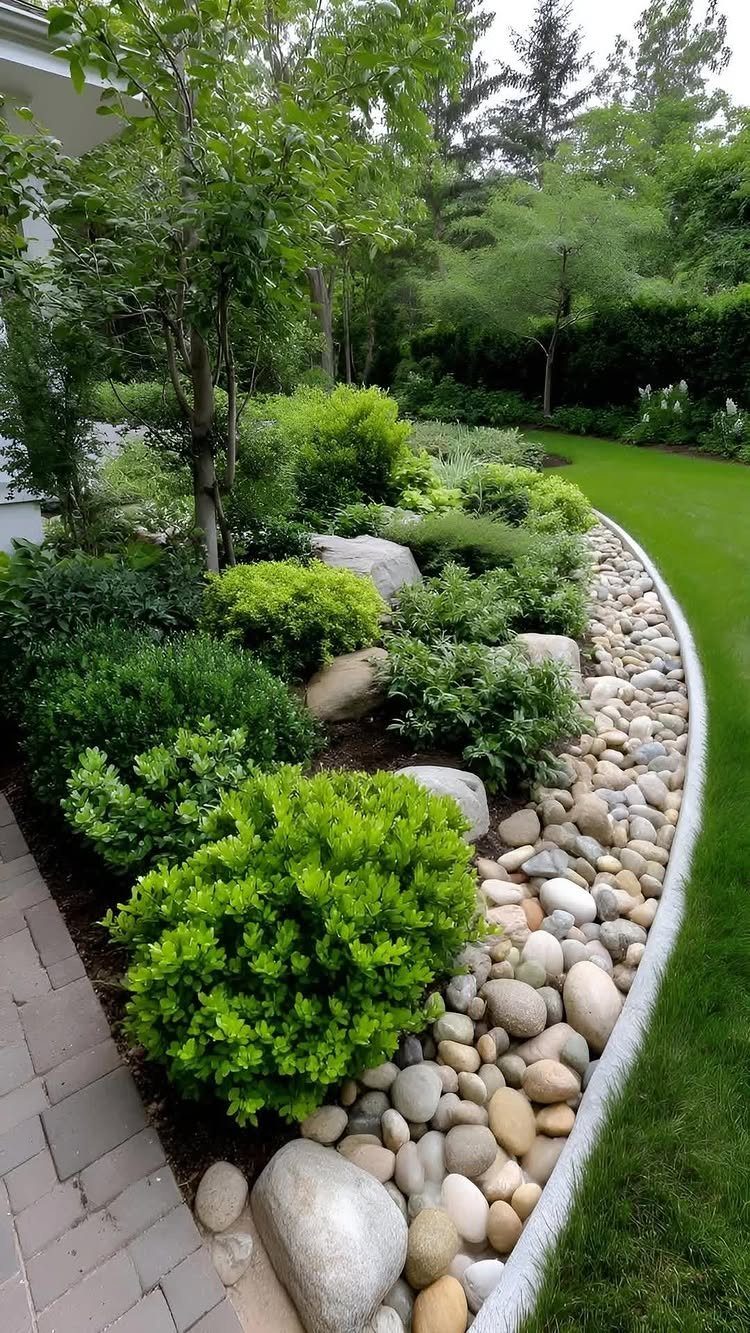 Landscaped garden bed with green shrubs and a curved river of smooth pebbles.