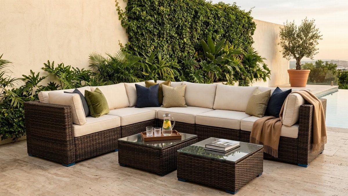 Outdoor Modular Seating: 20 Sectionals and Sofa Sets 6 U-shaped dark brown wicker sectional sofa with cream cushions on a stone patio.
