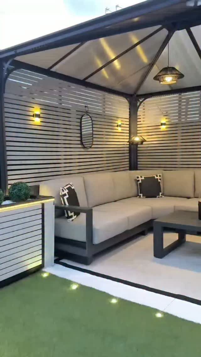 Outdoor Modular Seating: 20 Sectionals and Sofa Sets 19 L-shaped modular outdoor sectional sofa with beige cushions under a black gazebo.