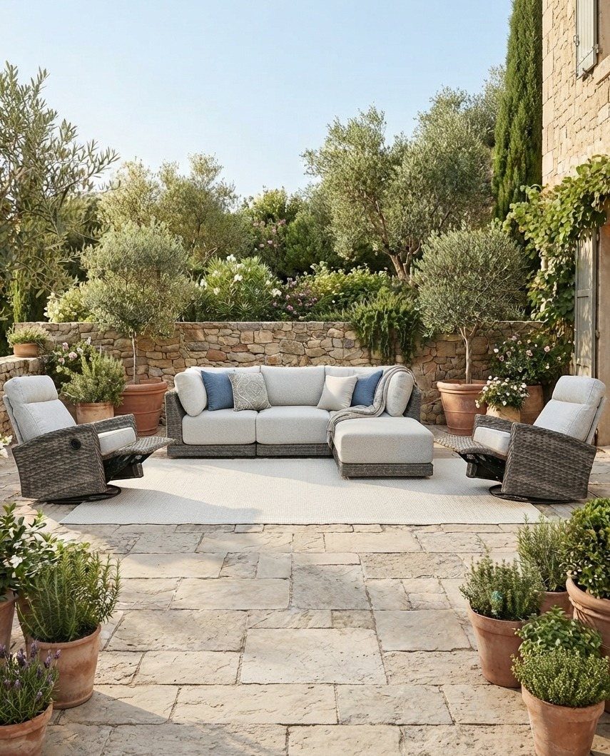 Outdoor Modular Seating: 20 Sectionals and Sofa Sets 13 Grey wicker modular sectional sofa and armchairs on a stone patio with olive trees.