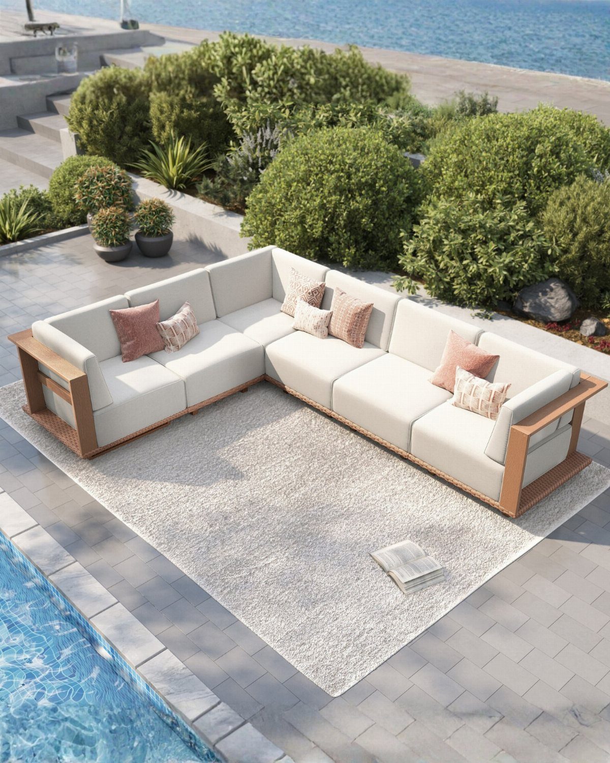 Outdoor Modular Seating: 20 Sectionals and Sofa Sets 18 L-shaped outdoor sectional sofa with cream cushions and wooden frames on a patio.