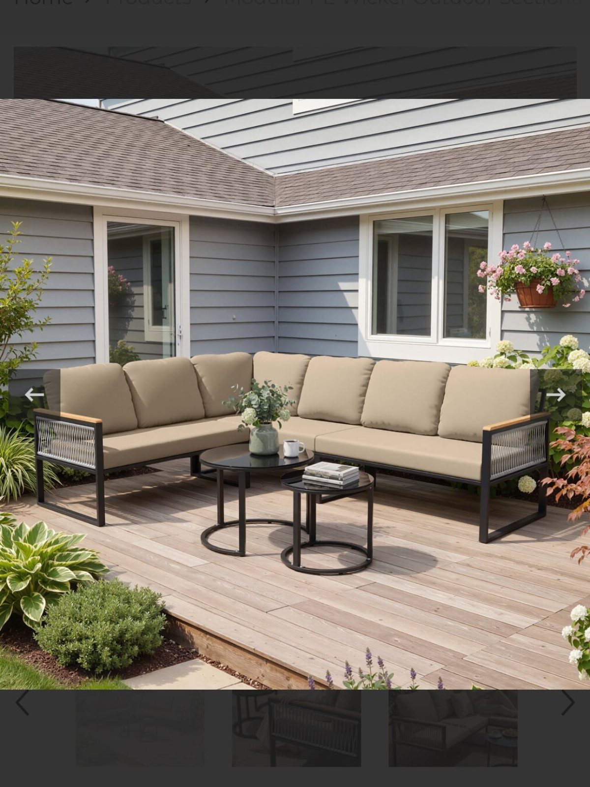 Outdoor Modular Seating: 20 Sectionals and Sofa Sets 2 Beige L-shaped modular outdoor sectional on a wooden deck with black side tables.