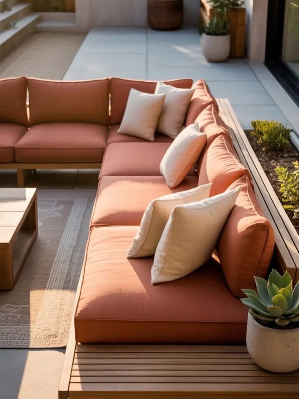 Outdoor Modular Seating: 20 Sectionals and Sofa Sets 17 L-shaped outdoor sectional sofa with terracotta cushions and light wooden frame on a patio.