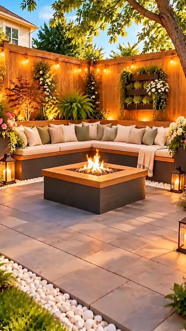 Outdoor Modular Seating: 20 Sectionals and Sofa Sets 5 L-shaped outdoor modular sectional with beige cushions surrounding a square fire pit table.