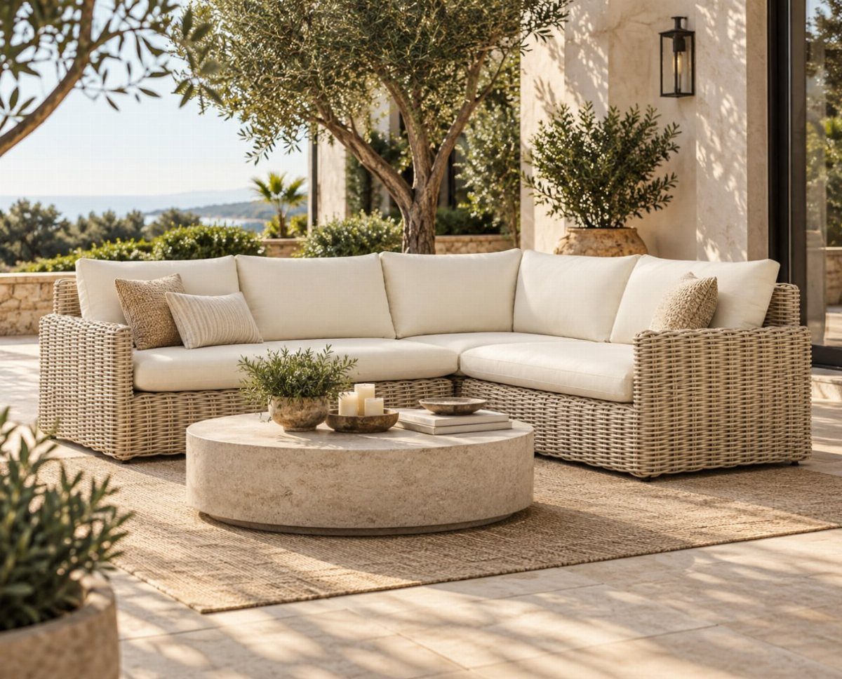 Outdoor Modular Seating: 20 Sectionals and Sofa Sets 15 Wicker L-shaped outdoor sectional with cream cushions and a round stone coffee table.