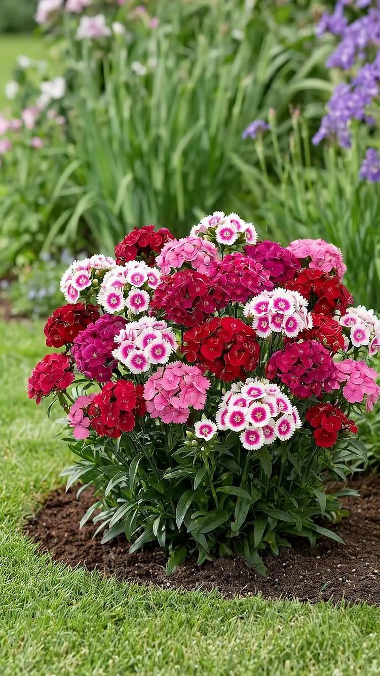 Dianthus flowers in red, pink, and white blooming in a garden bed.