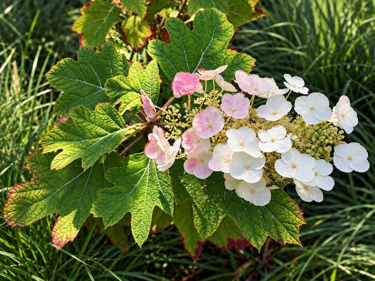 Ruby Slippers oak-leaf hydrangea with white and pink flowers and lobed green leaves.