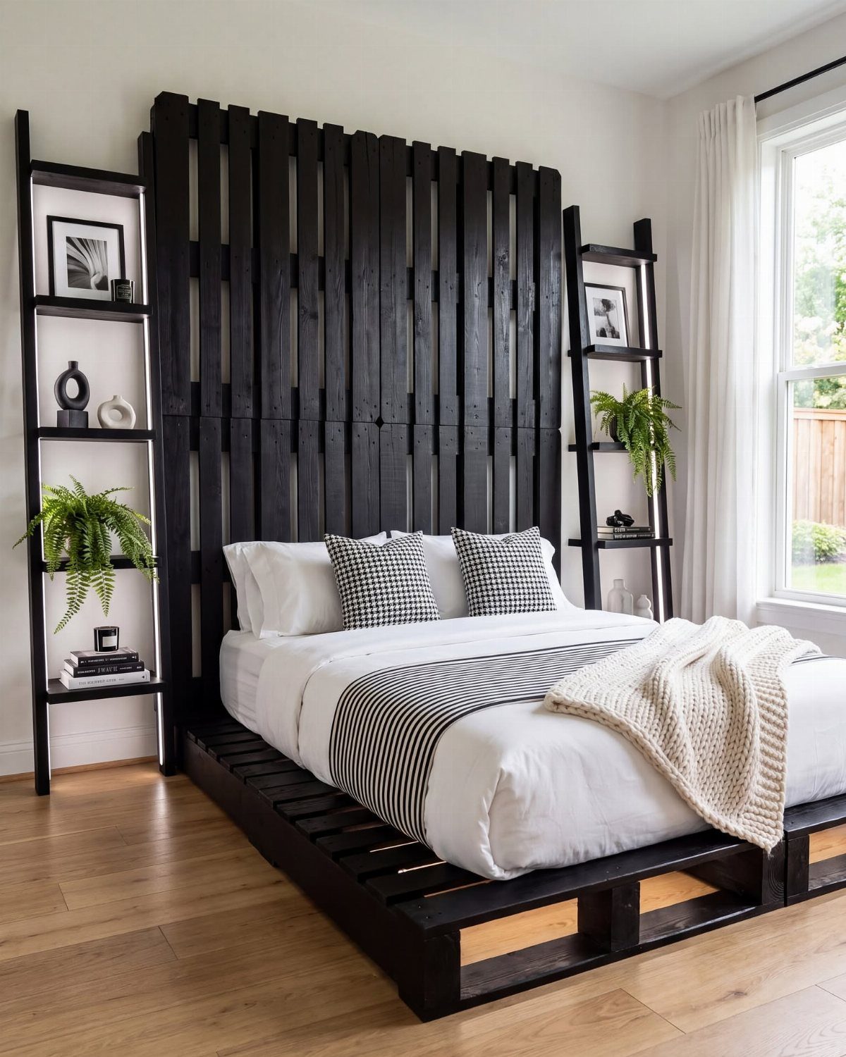 Black pallet wood headboard and bed frame in a modern bright bedroom.