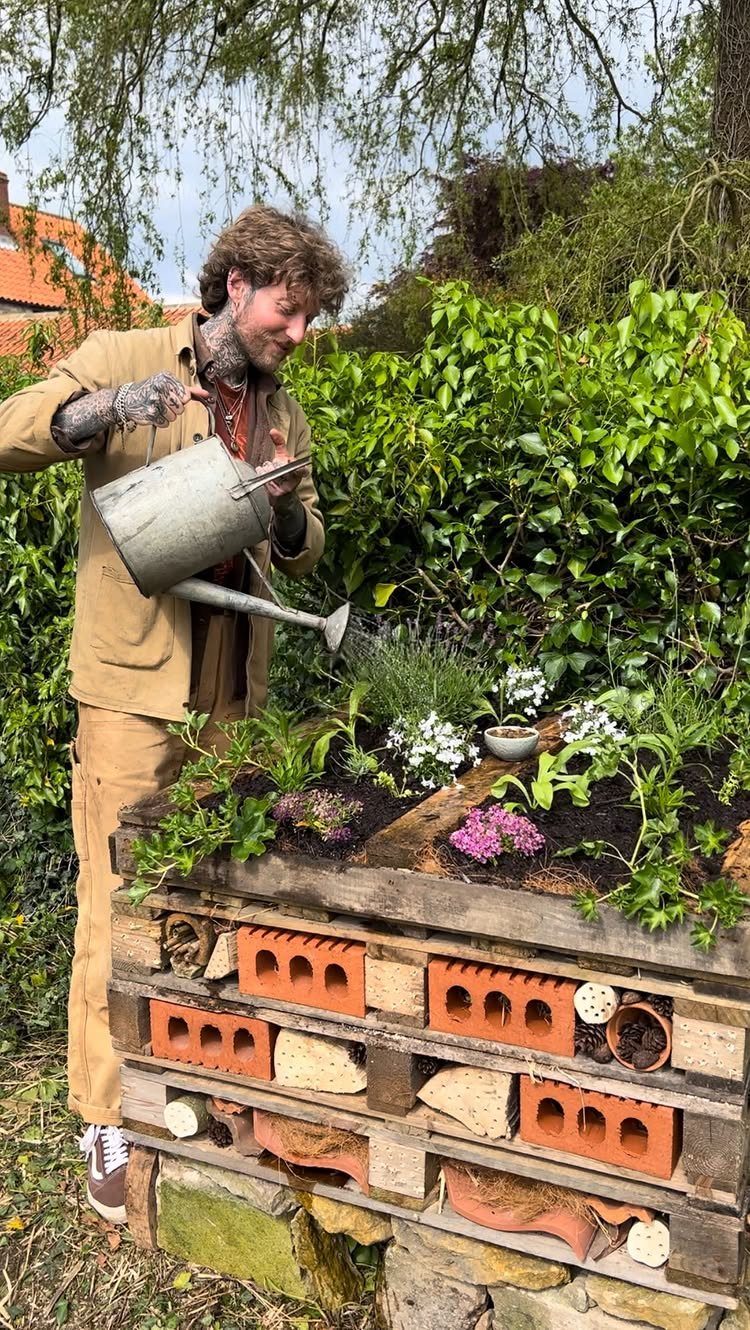 Man watering plants in a pallet wood garden bed with integrated insect hotels.