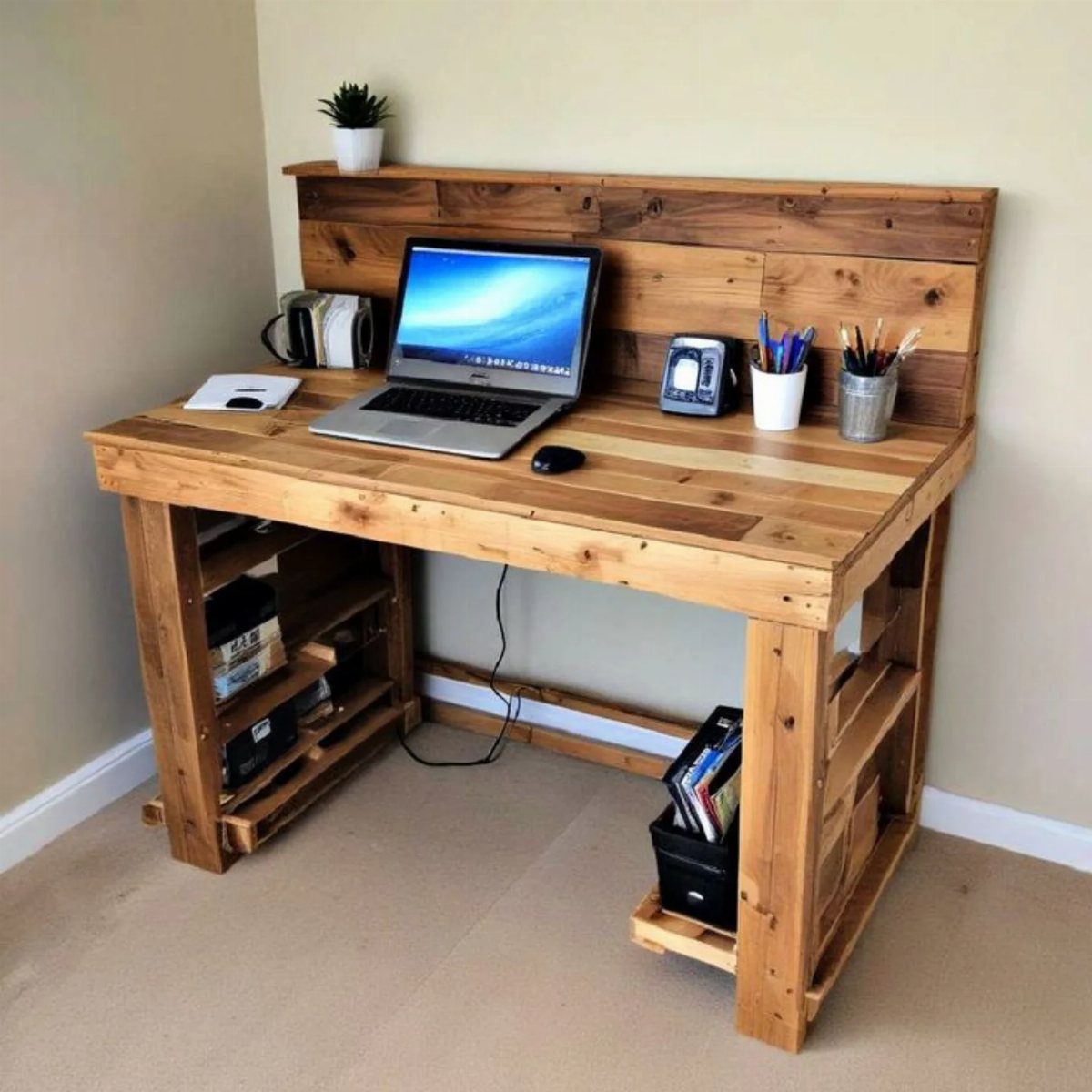 Rustic pallet wood desk with a laptop and office supplies in a room.