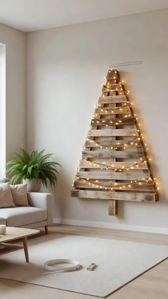 Pallet wood Christmas tree decorated with warm white string lights on a white wall