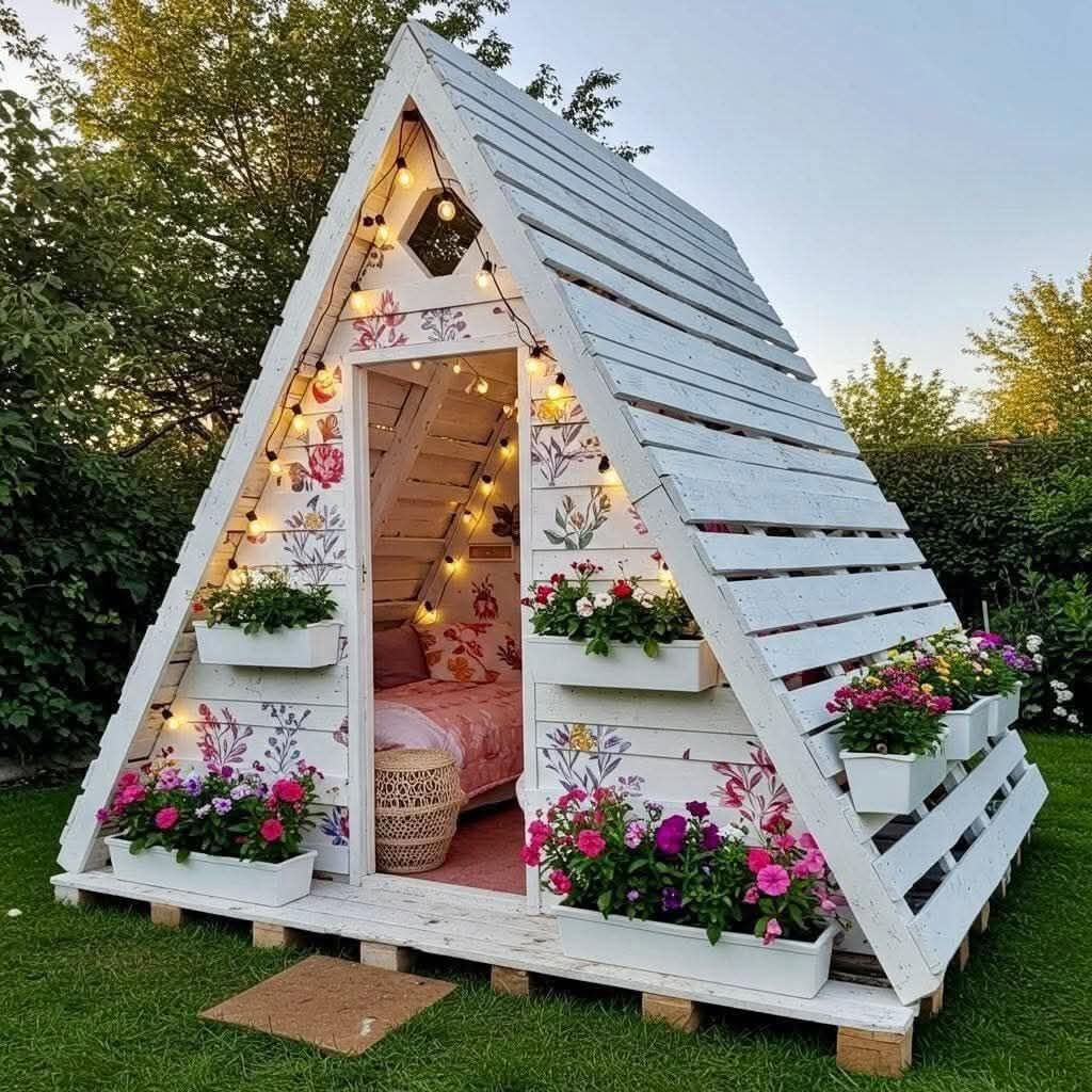 White A-frame pallet house with floral decorations and flower boxes on a green lawn.