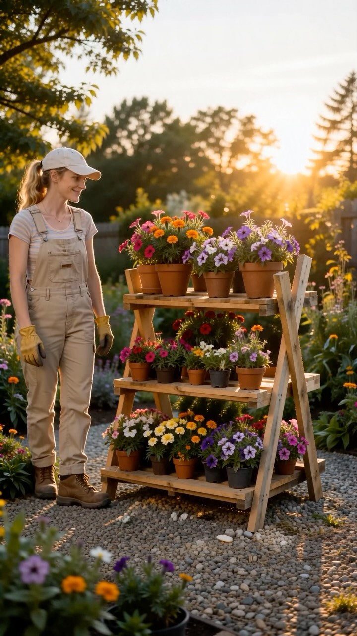 Woman in overalls standing by a three-tiered wooden plant stand with colorful flowers.