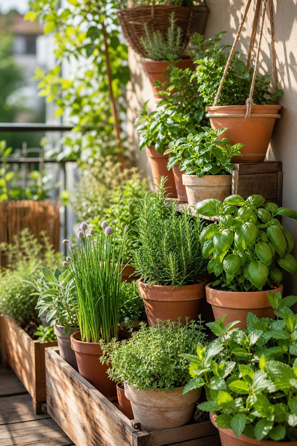 11 Potted Plant Garden Ideas for Patios, Balconies, Rooftops 2 Assorted fresh herbs growing in terracotta pots on a sunny outdoor balcony garden.