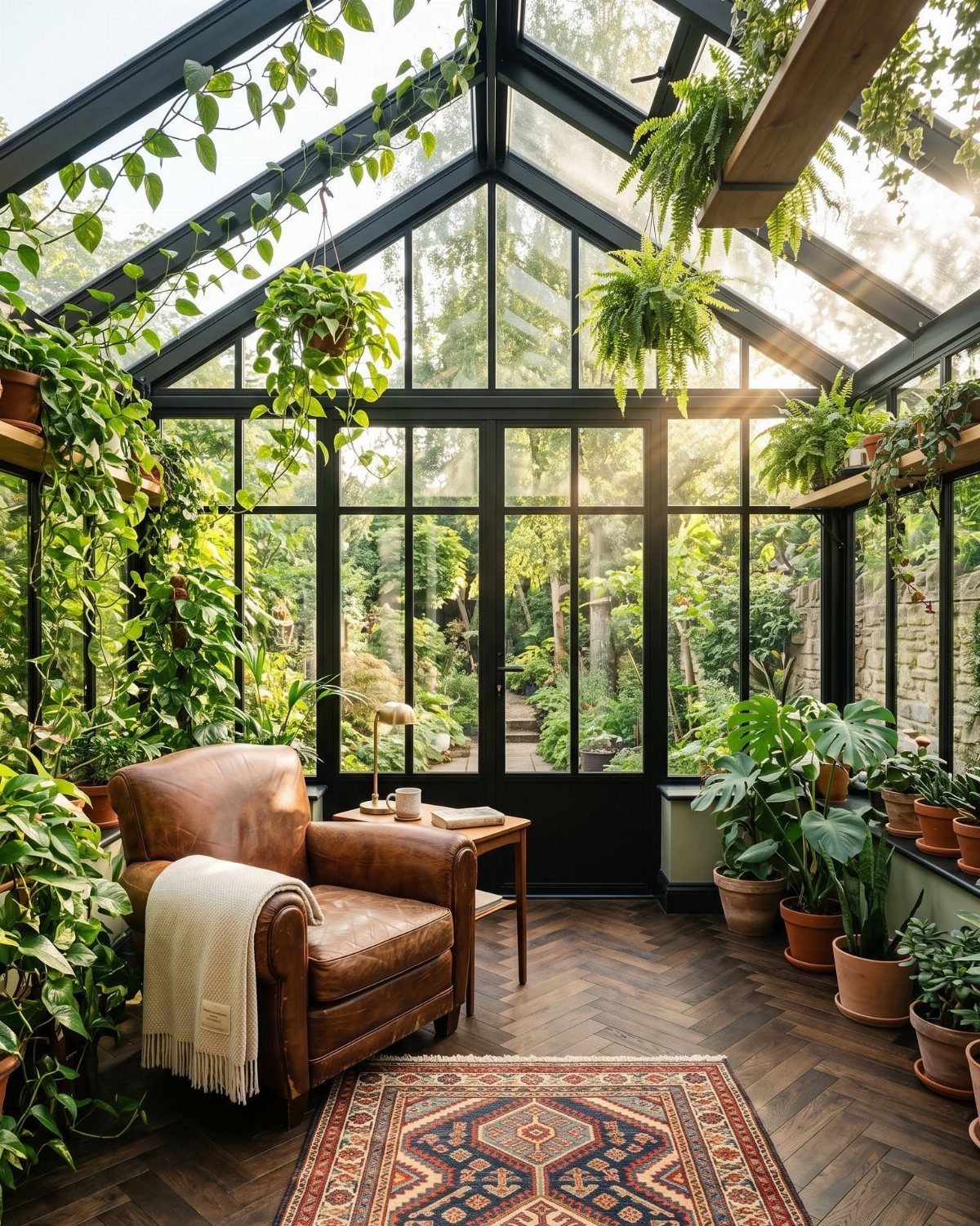 Brown leather armchair and side table in a lush, plant-filled glass greenhouse interior.