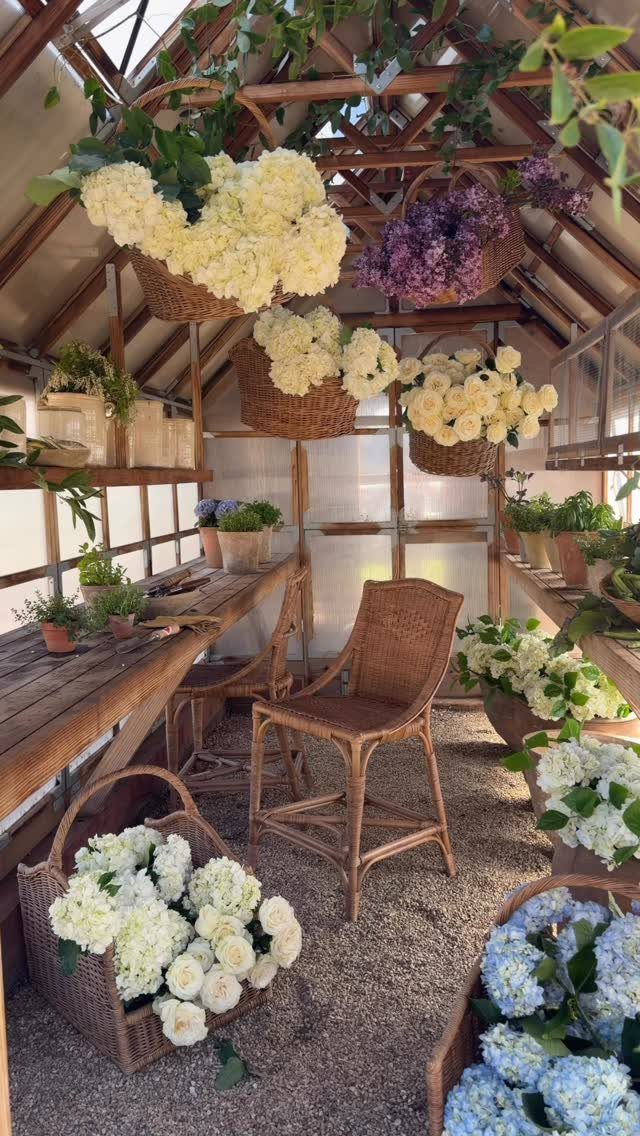 Greenhouse interior with hanging flower baskets, wicker chairs, and a wooden workbench.