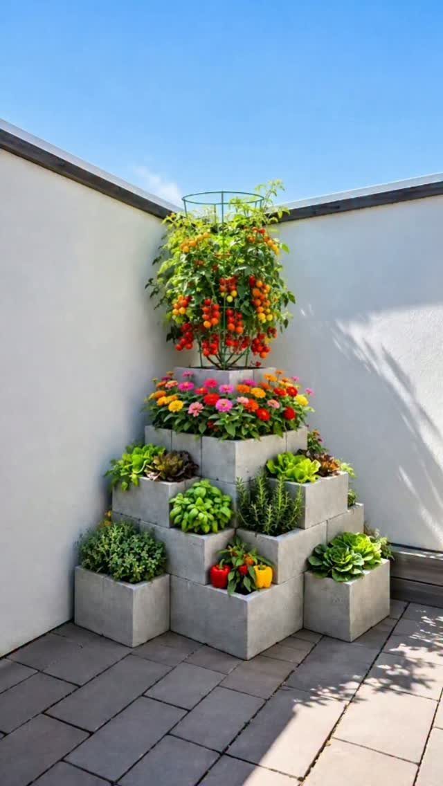 Tiered concrete planters with vegetables and flowers on a sunny stone patio.
