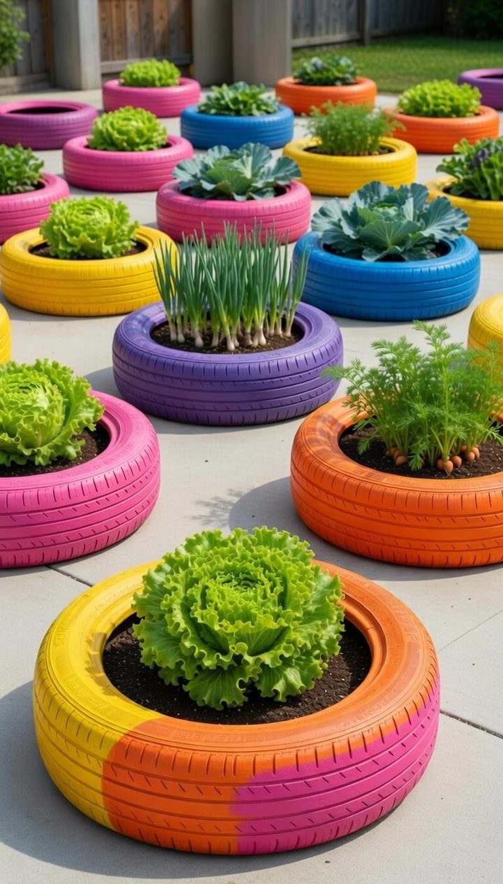 Colorful painted tire planters filled with green vegetables on a concrete patio.