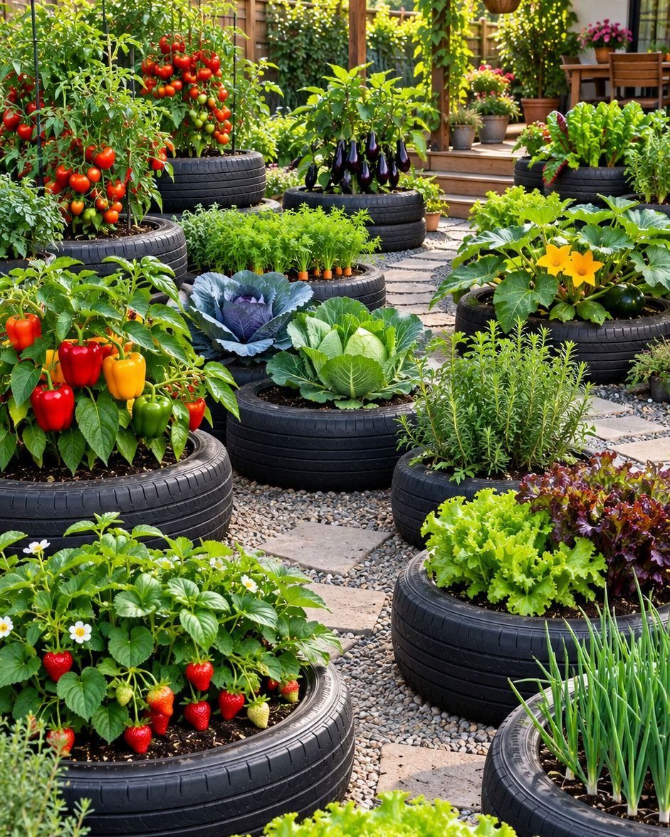 Vegetables growing in black tire planters arranged on a gravel garden path