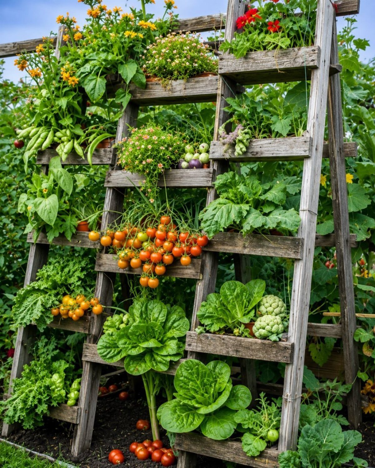 Vertical wooden ladder planter filled with tomatoes, cauliflower, lettuce, and yellow flowers.