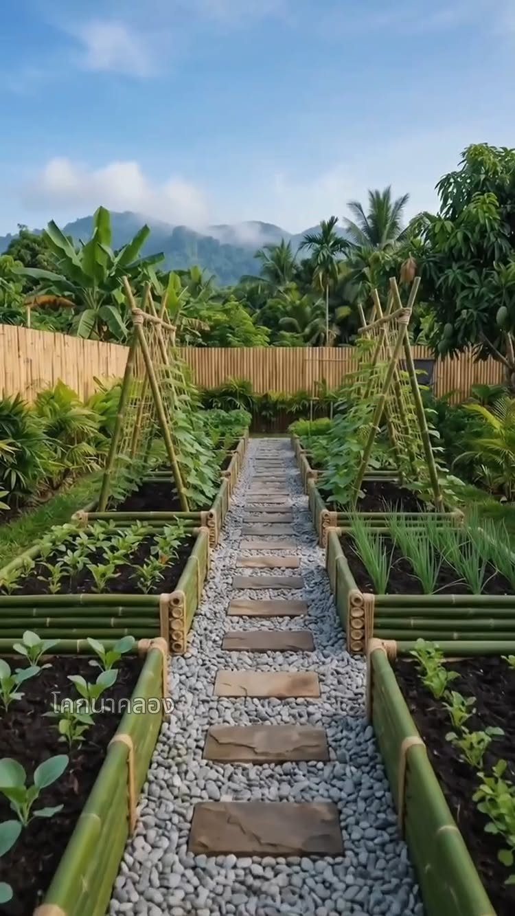 Raised Beds Garden: 25 Ideas from Wood, Metal, and Stone 16 Bamboo raised garden beds with a pebble and stone path in a tropical setting.