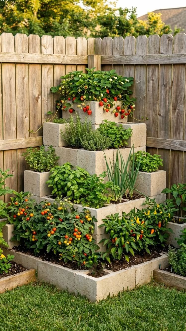 Raised Beds Garden: 25 Ideas from Wood, Metal, and Stone 2 Tiered cinder block garden beds filled with strawberries, basil, and peppers against a fence.
