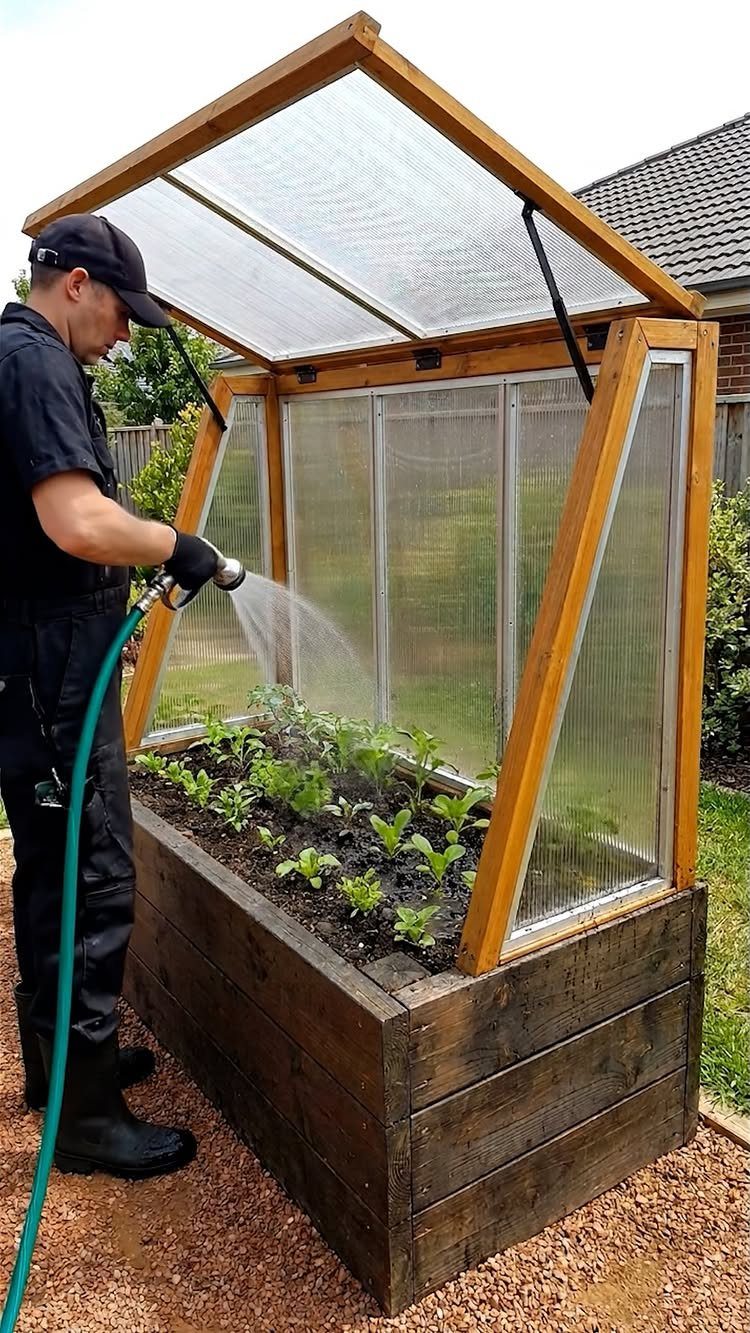 Raised Beds Garden: 25 Ideas from Wood, Metal, and Stone 11 Man watering plants in a wooden raised bed with a polycarbonate greenhouse cover.