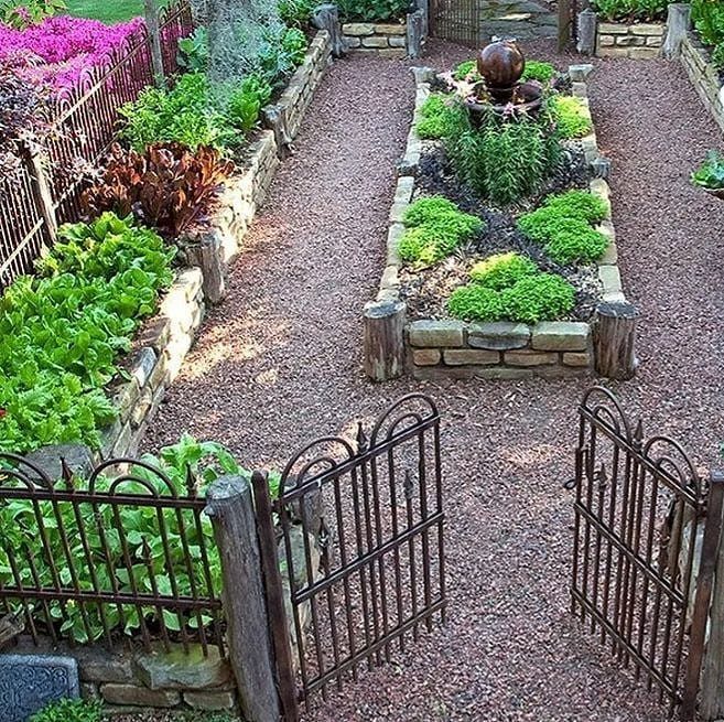 Raised Beds Garden: 25 Ideas from Wood, Metal, and Stone 19 Stone raised garden beds with lush greenery and purple flowers along gravel paths.