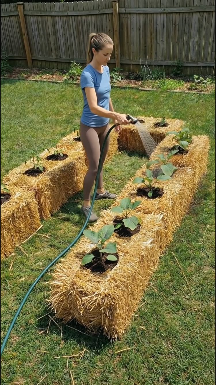 Raised Beds Garden: 25 Ideas from Wood, Metal, and Stone 20 Woman watering small green plants growing in straw bale raised garden beds.