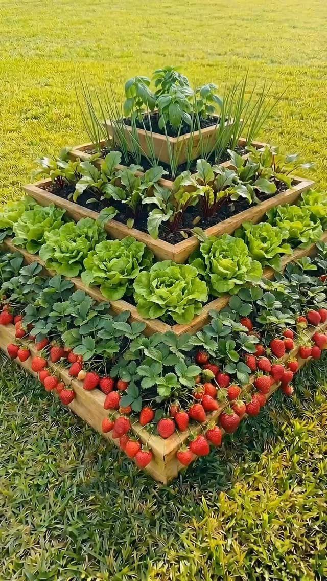 Raised Beds Garden: 25 Ideas from Wood, Metal, and Stone 18 Tiered wooden raised garden bed with strawberries, lettuce, and herbs on a lawn