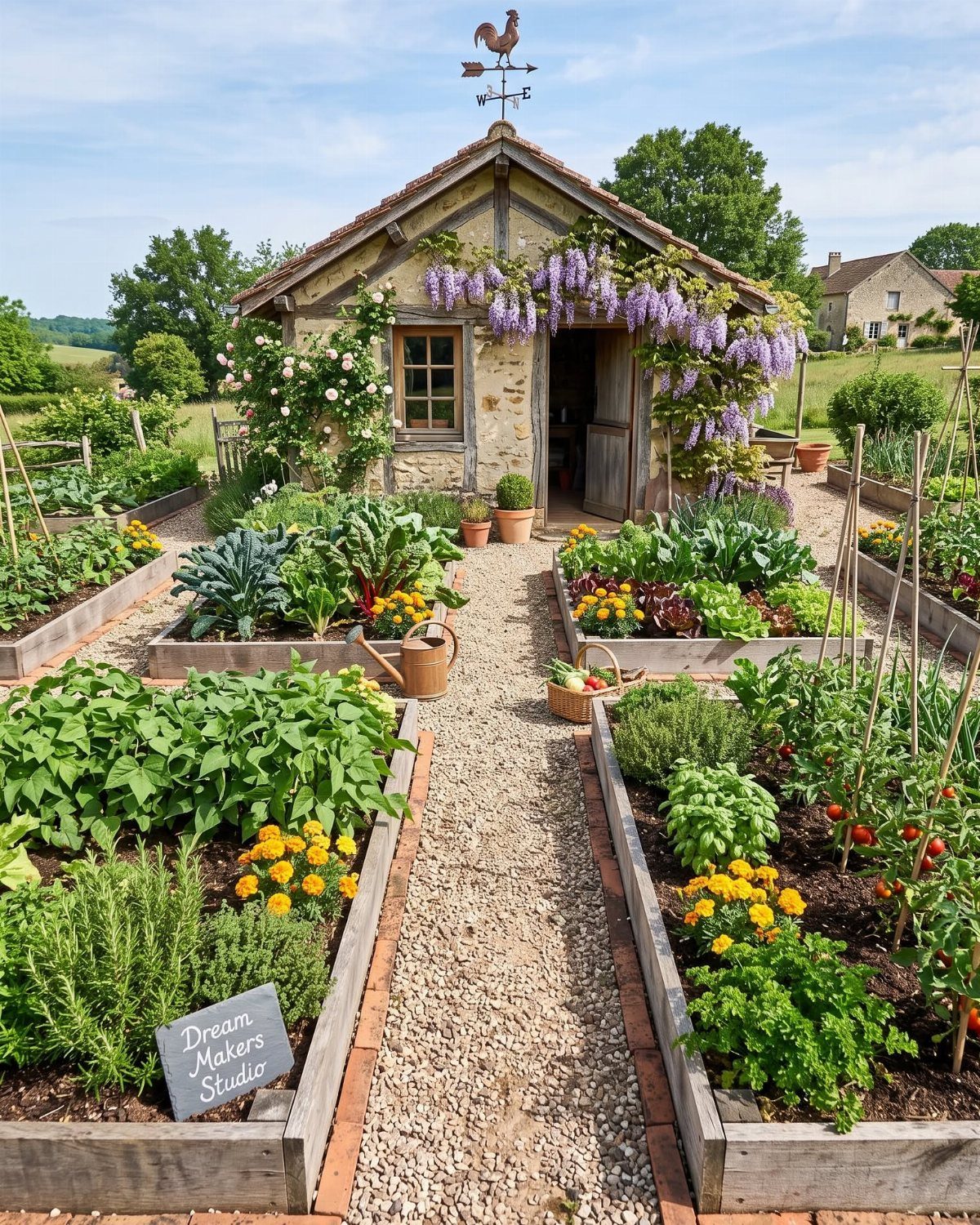 Raised Beds Garden: 25 Ideas from Wood, Metal, and Stone 9 Gravel path between wooden raised garden beds leading to a stone cottage.