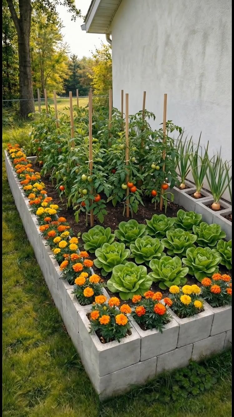 Cinder block raised garden bed with marigolds, lettuce, and tomato plants along a wall.