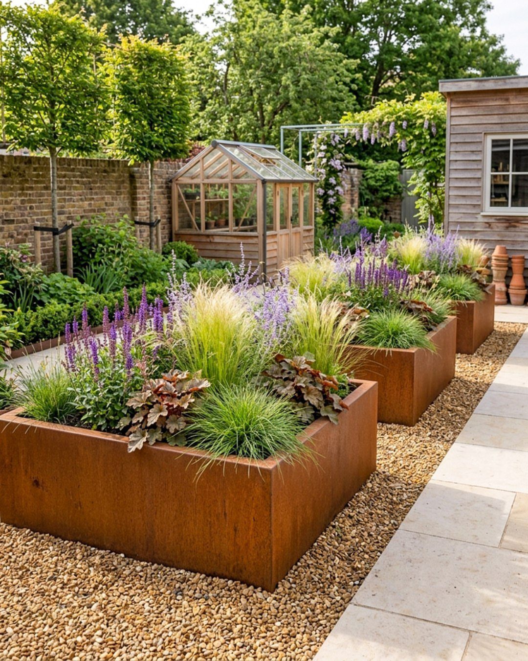 Rusted metal raised beds with purple flowers and grasses on a gravel path.