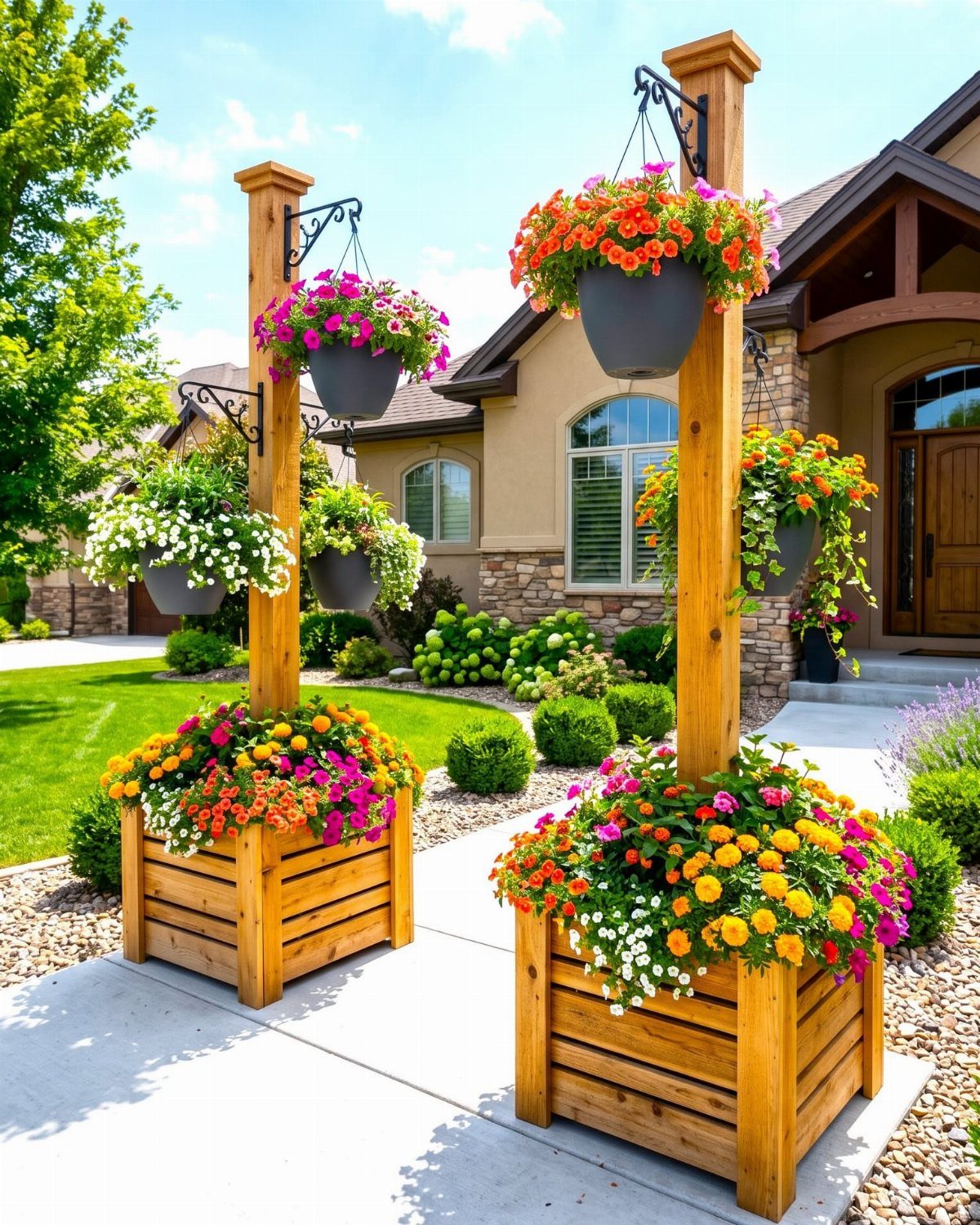 Wooden raised flower beds with tall posts and hanging baskets in a garden.