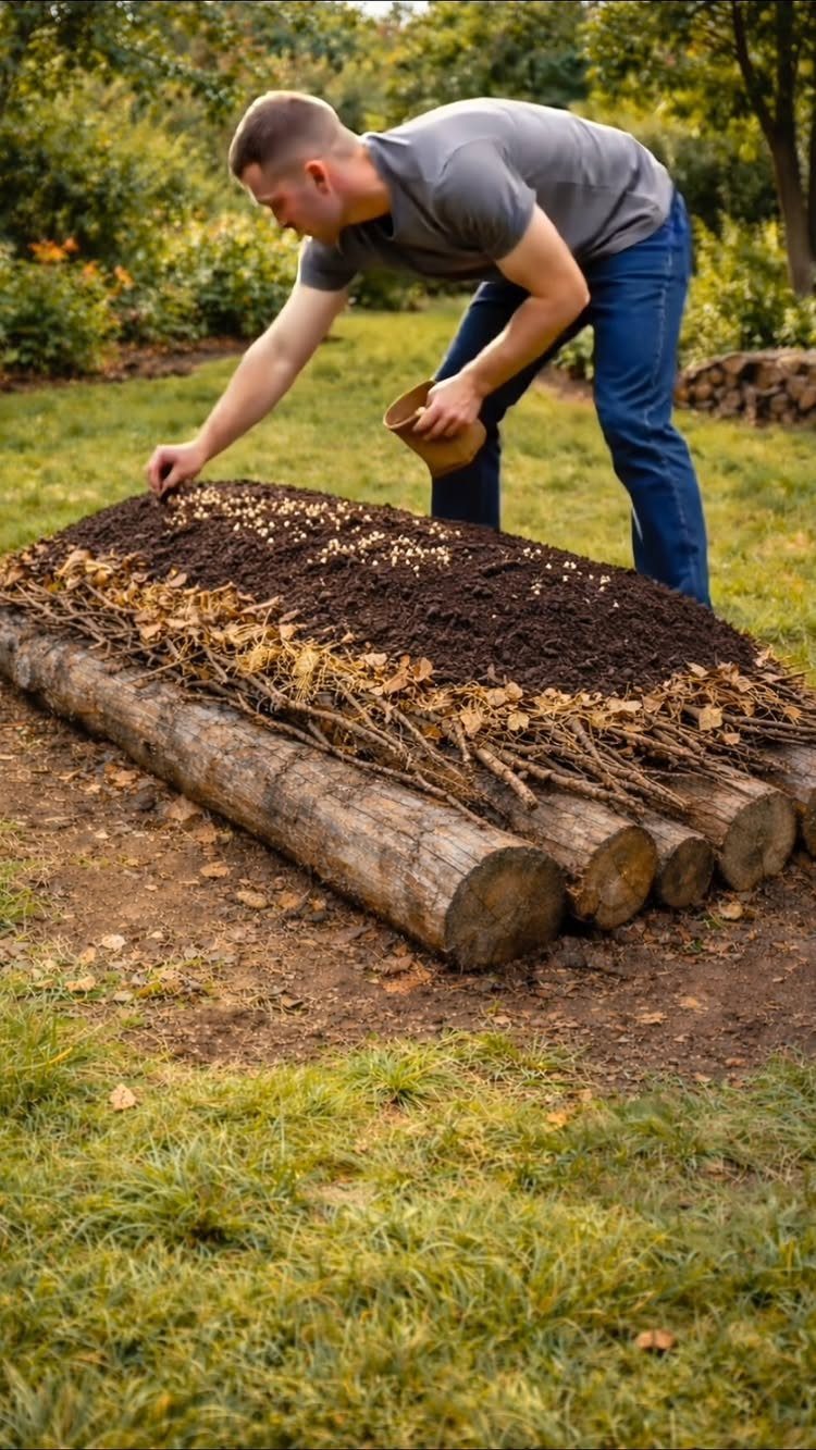 Man planting seeds in a raised garden bed constructed from large natural logs.