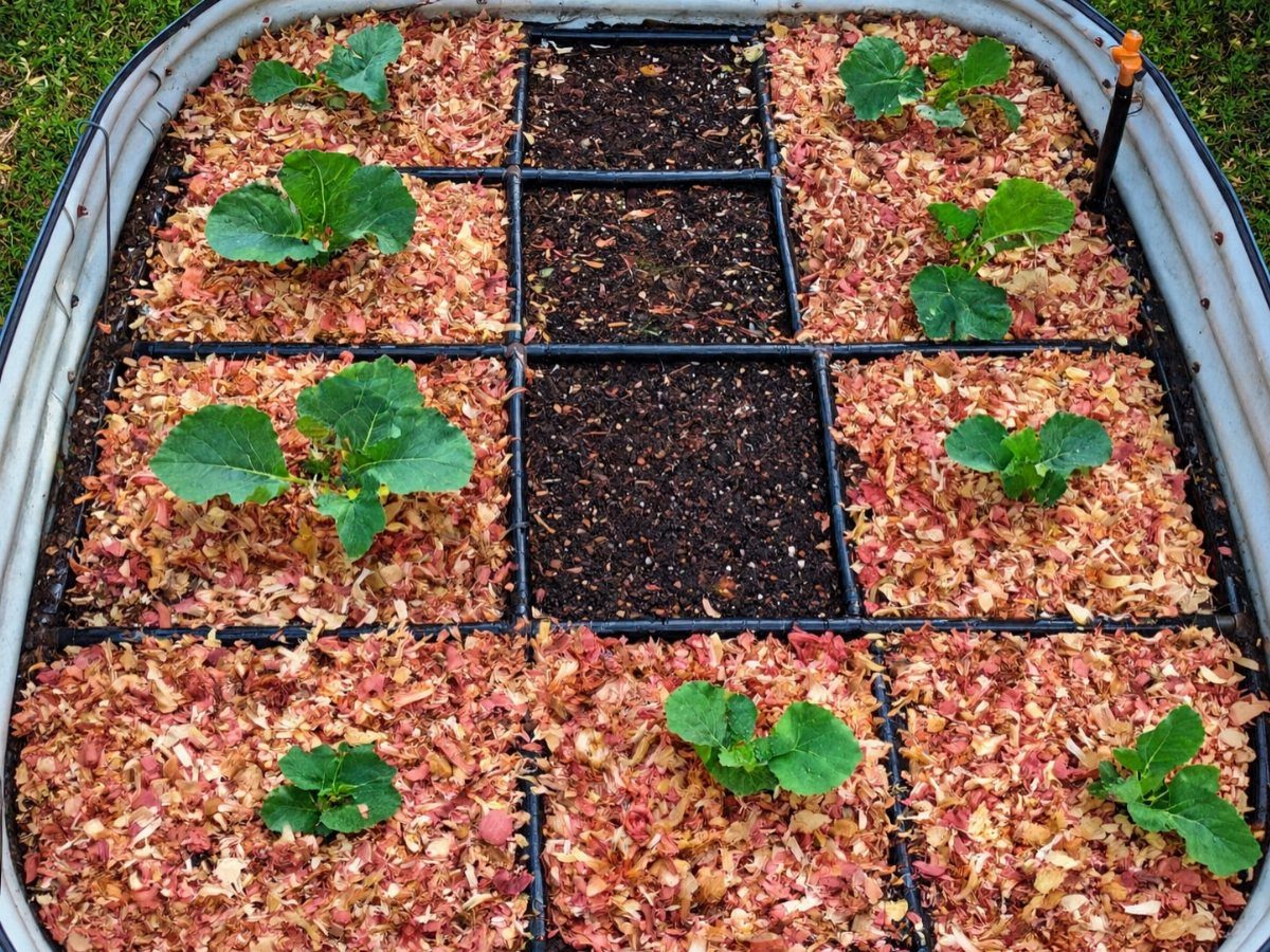 Galvanized metal raised bed with a black plastic grid dividing planting sections.