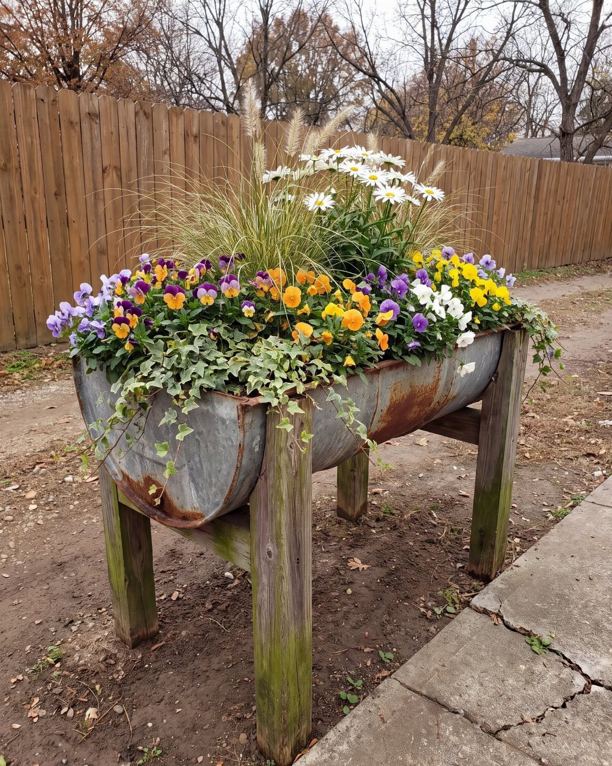 Galvanized metal trough planter on wooden legs filled with colorful spring flowers