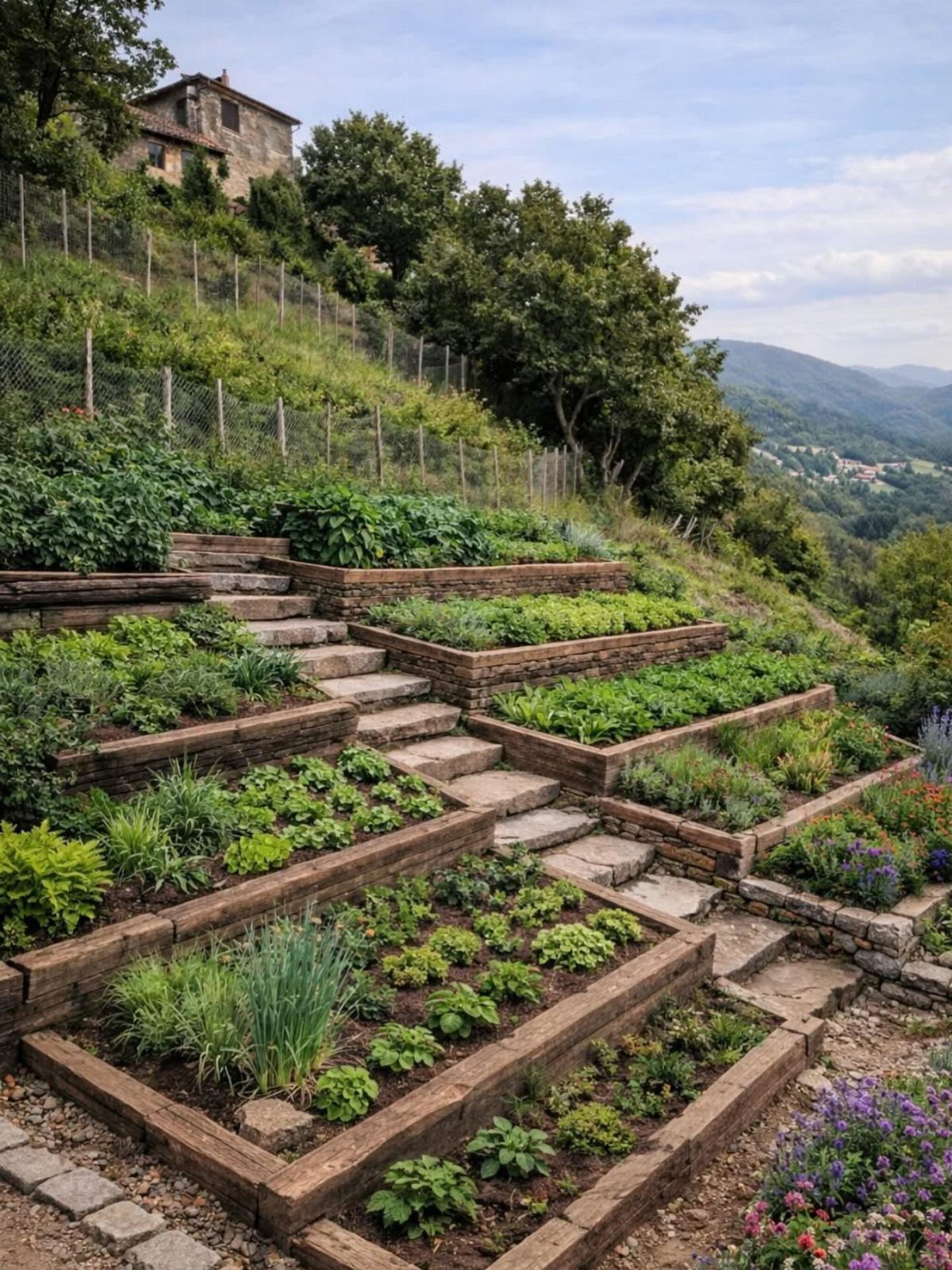 Terraced flower beds with stone retaining walls and steps on a lush hillside.