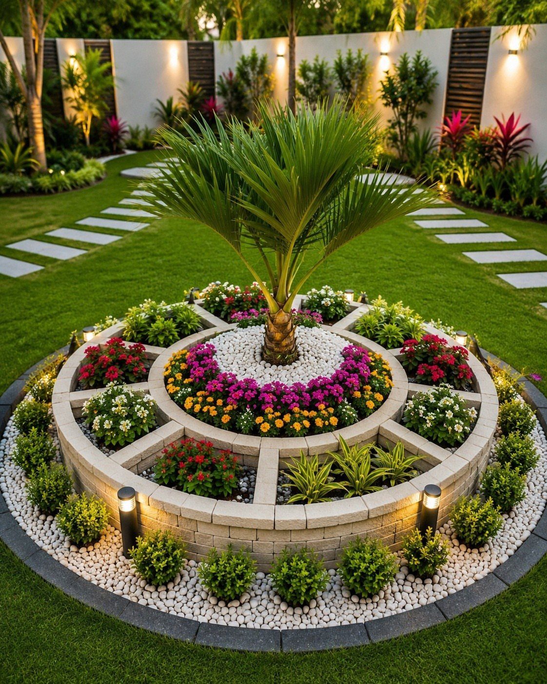 Circular stone raised garden bed with a central palm tree and colorful flowers.