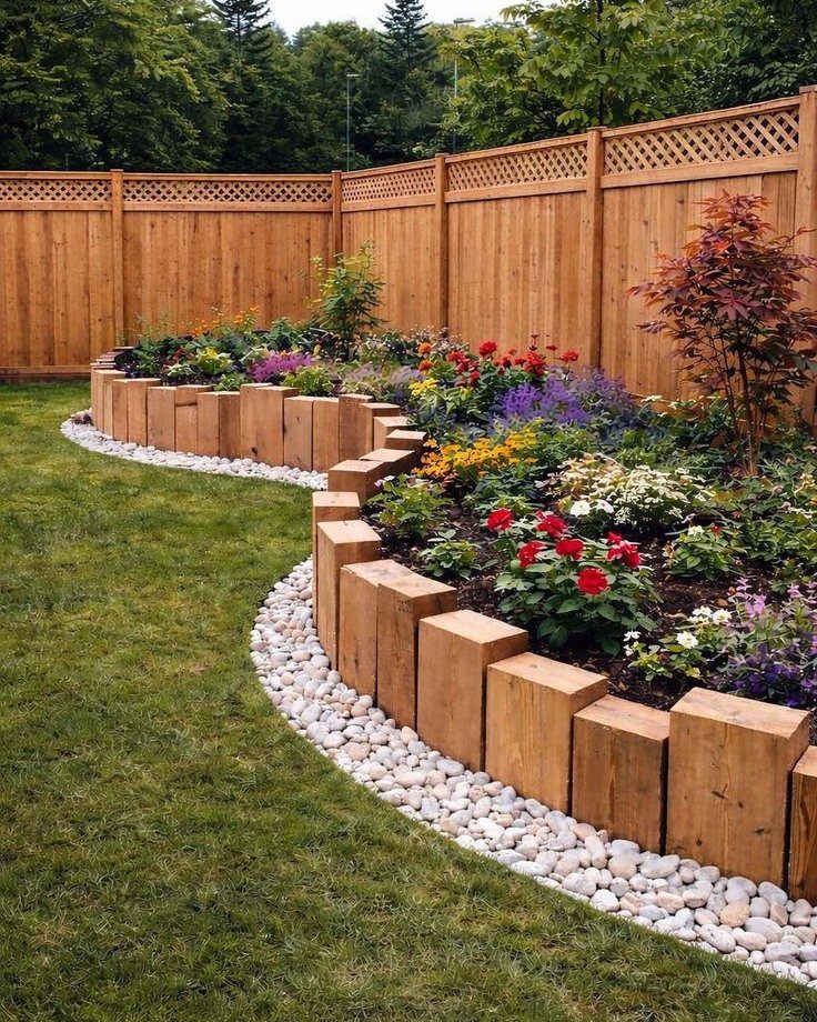 Curved wooden raised flower beds with colorful blooms and white pebble borders.