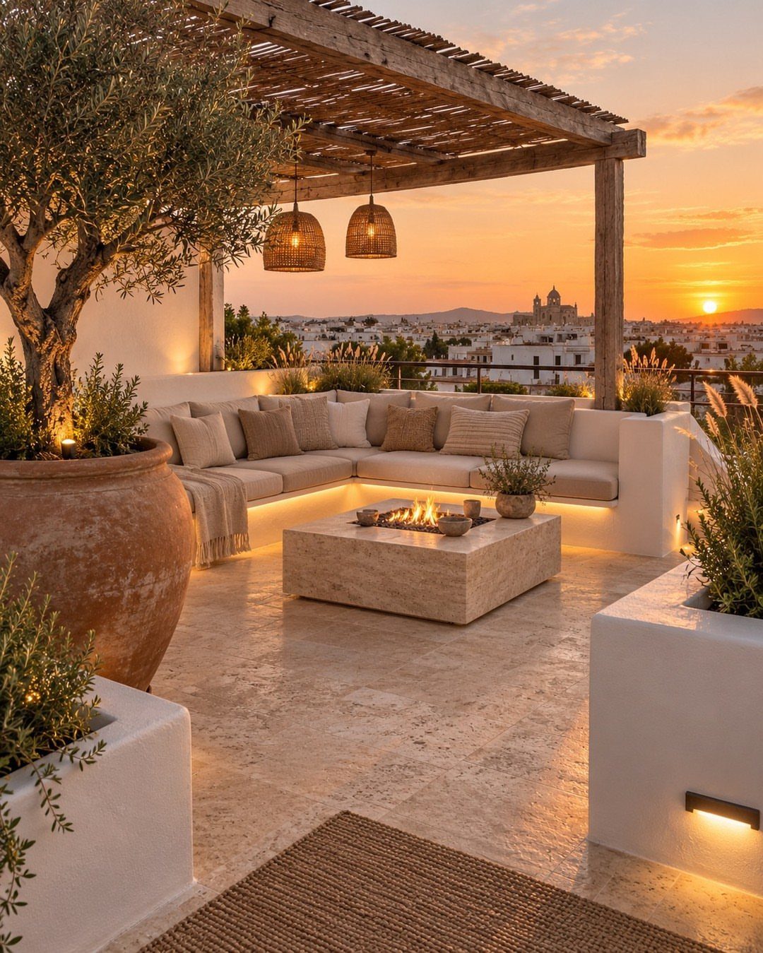 Rooftop patio with a stone fire pit and built-in seating under a wooden pergola.